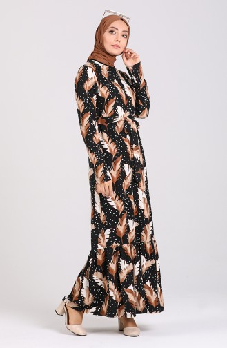 Desenli Kuşaklı Elbise 0061-02 Siyah Kahverengi