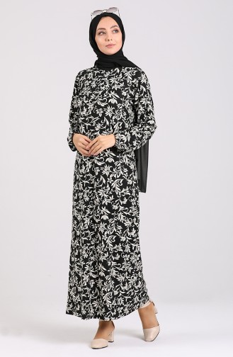 Kolu Lastikli Desenli Elbise 0064-01 Siyah Beyaz