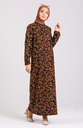 Elastic Sleeve Patterned Dress 0064-02 Black Tobacco 0064-02