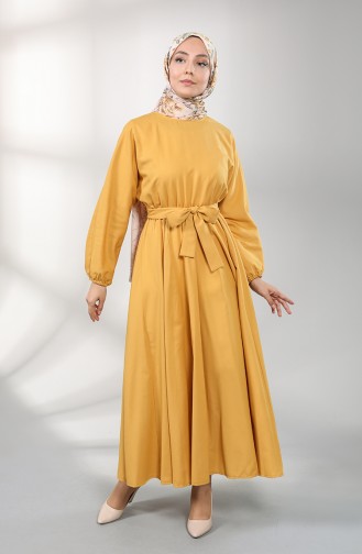 Elastic Sleeve Belted Dress 5177-01 Mustard 5177-01