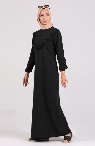 Elastic Sleeve Ruffled Dress 1001-04 Black 1001-04