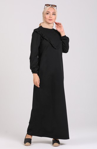 Elastic Sleeve Ruffled Dress 1001-04 Black 1001-04