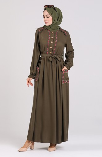 Belmondo Kumaş Nakışlı Elbise 3005-06 Haki Yeşil