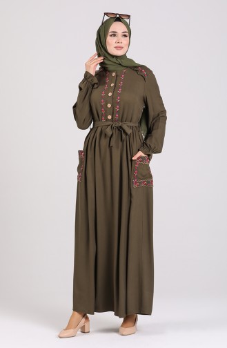 Belmondo Kumaş Nakışlı Elbise 3005-06 Haki Yeşil