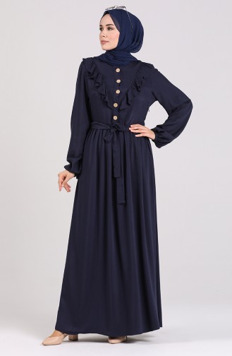 Buttoned Ruffled Dress 6003-01 Navy Blue 6003-01