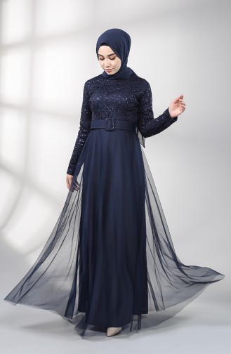 Belted Evening Dress 5353-07 Navy Blue 5353-07