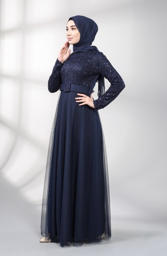 Belted Evening Dress 5353-07 Navy Blue 5353-07