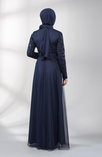 Belted Evening Dress 5353-07 Navy Blue 5353-07