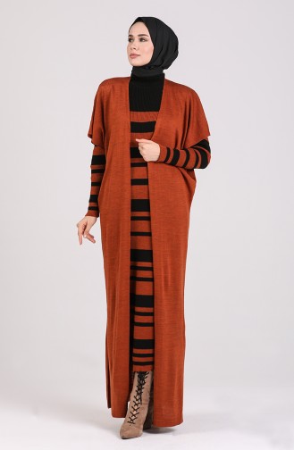 Triko Elbise Hırka İkili Takım 7221-01 Tarçın Renk