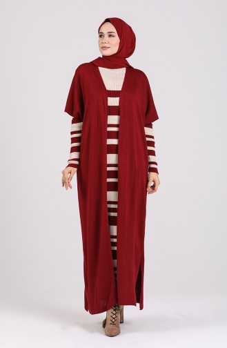 Triko Elbise Hırka İkili Takım 7221-04 Bordo