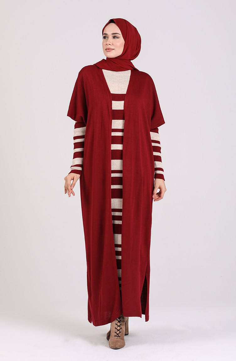 Triko Elbise Hırka İkili Takım 7221-04 Bordo