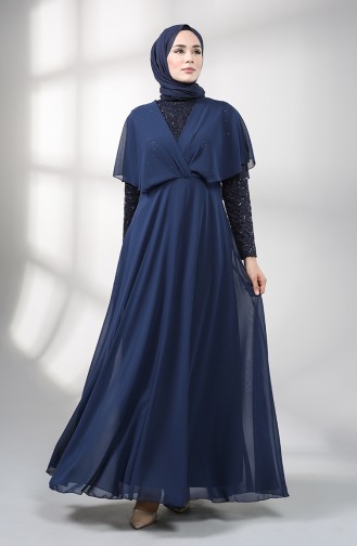 Sequined Chiffon Evening Dress 5399-04 Navy Blue 5399-04