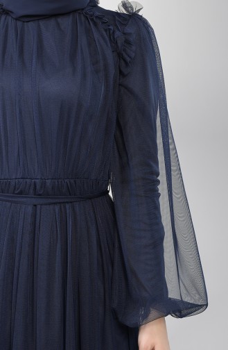Belted Tulle Evening Dress 5400-01 Navy Blue 5400-01