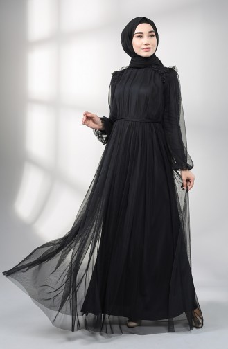 Belted Tulle Evening Dress 5400-02 Black 5400-02