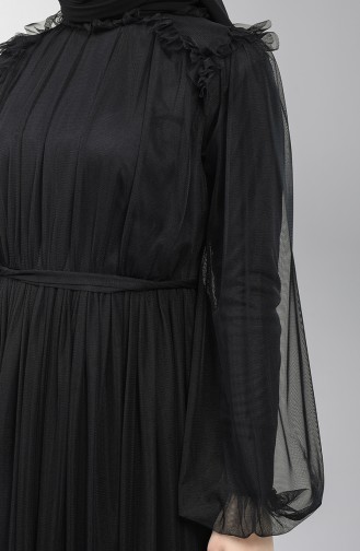 Kuşaklı Tül Abiye Elbise 5400-02 Siyah