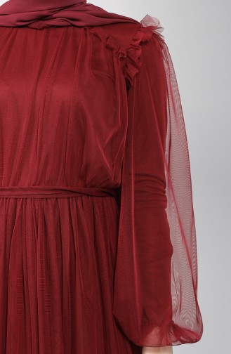 Belted Tulle Evening Dress 5400-03 Burgundy 5400-03