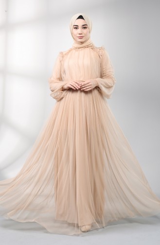 Belted Tulle Evening Dress 5400-08 Beige 5400-08