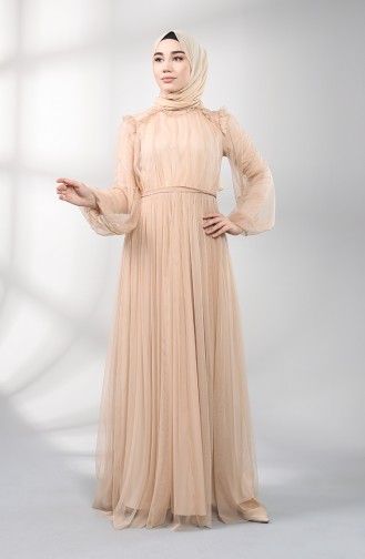 Belted Tulle Evening Dress 5400-08 Beige 5400-08