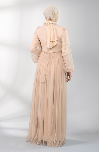 Belted Tulle Evening Dress 5400-08 Beige 5400-08