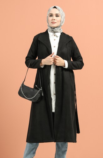 Kuşaklı İnce Kaşe Kaban 5174-01 Siyah