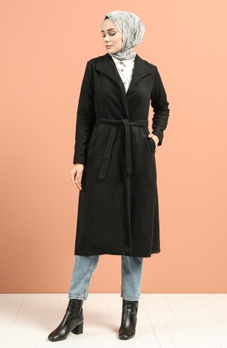 Kuşaklı İnce Kaşe Kaban 5174-01 Siyah