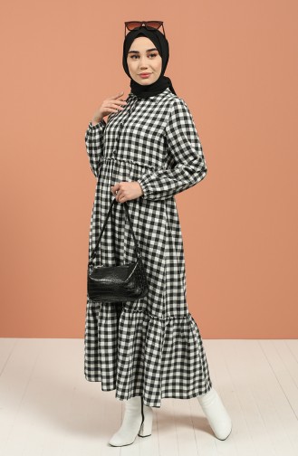 Kemerli Kareli Elbise 4328-01 Siyah