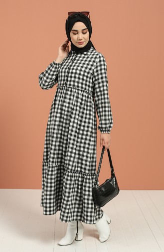 Kemerli Kareli Elbise 4328-01 Siyah