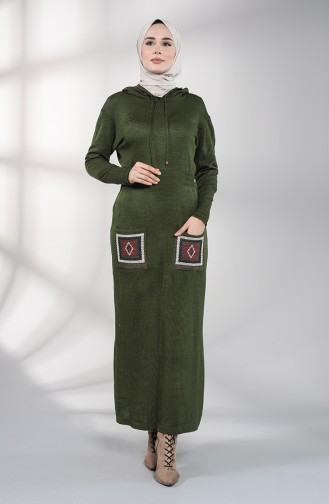 Knitwear Embroidered Dress with Pockets 6002-01 Khaki 6002-01