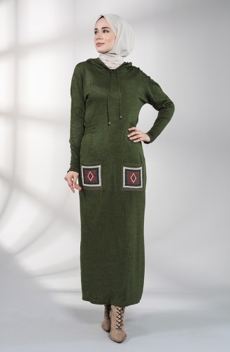 Knitwear Embroidered Dress with Pockets 6002-01 Khaki 6002-01