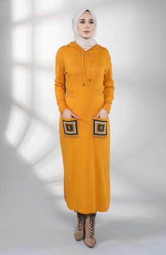 Knitwear Embroidered Dress with Pockets 6002-02 Mustard 6002-02