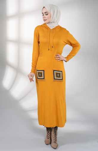 Knitwear Embroidered Dress with Pockets 6002-02 Mustard 6002-02
