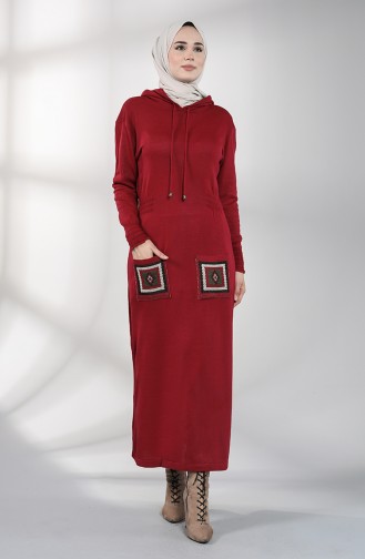 Knitwear Embroidered Dress with Pockets 6002-03 Burgundy 6002-03