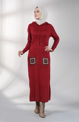 Triko Nakışlı Cepli Elbise 6002-03 Bordo