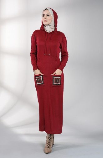 Knitwear Embroidered Dress with Pockets 6002-03 Burgundy 6002-03