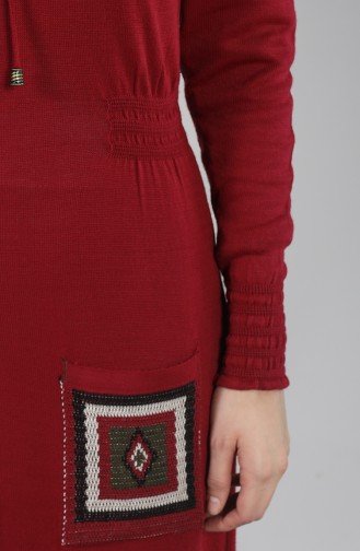 Knitwear Embroidered Dress with Pockets 6002-03 Burgundy 6002-03