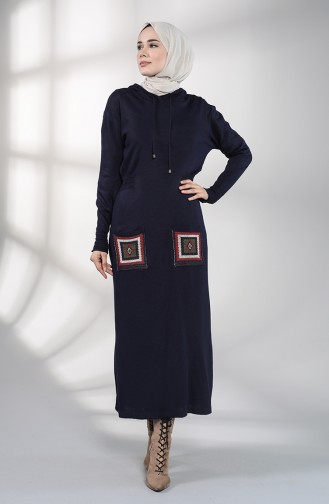 Knitwear Embroidered Dress with Pockets 6002-06 Navy Blue 6002-06