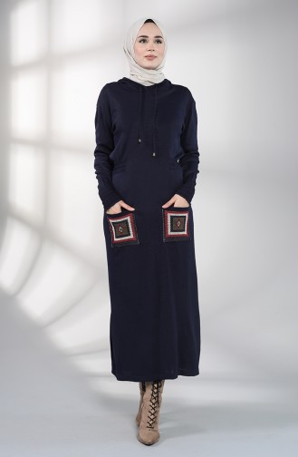 Triko Nakışlı Cepli Elbise 6002-06 Lacivert