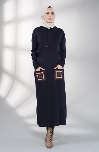 Knitwear Embroidered Dress with Pockets 6002-06 Navy Blue 6002-06