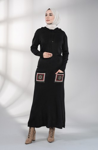 Knitwear Embroidery Dress with Pockets 6002-08 Black 6002-08