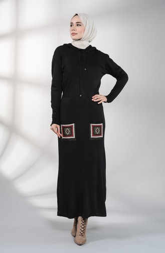 Triko Nakışlı Cepli Elbise 6002-08 Siyah