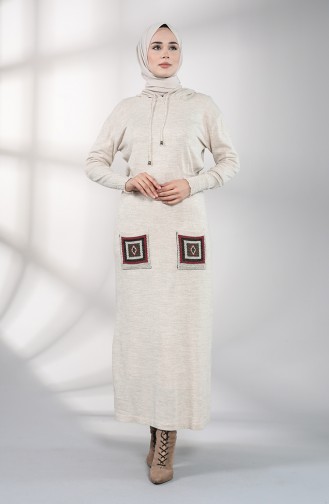 Knitwear Embroidery Dress with Pockets 6002-09 Beige 6002-09