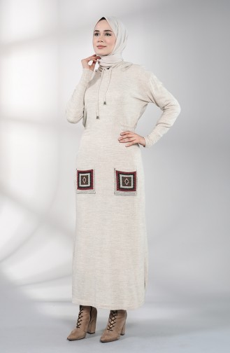 Knitwear Embroidery Dress with Pockets 6002-09 Beige 6002-09