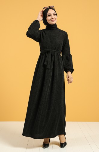 Kolu Lastikli Kuşaklı Elbise 21K8151-03 Siyah