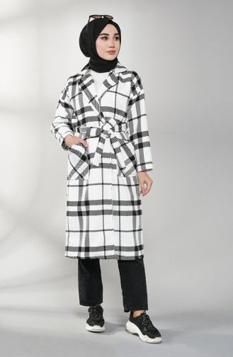 Patterned Belted Coat 21k8119f-01 Black white 21K8119F-01