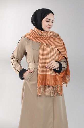 Kaz Ayağı Desen Çizgili Şal 42300-03 Camel