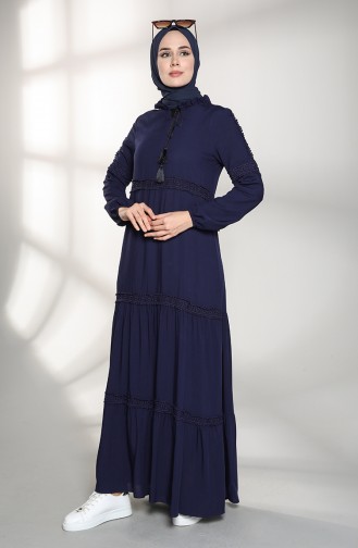 Elastic Sleeve Lace Dress 8271-01 Navy Blue 8271-01