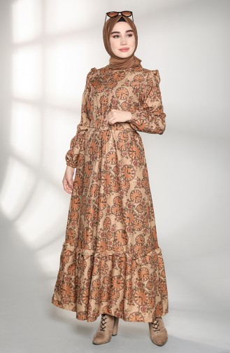 Patterned Belted Dress 21k8167-02 Camel 21K8167-02