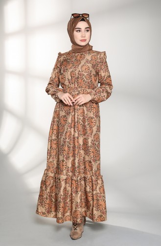 Patterned Belted Dress 21k8167-02 Camel 21K8167-02