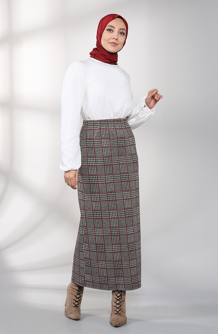 Ekose Desenli Kışlık Etek 0072-02 Siyah Bordo