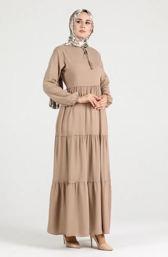 Elastic Sleeve Gathered Dress 4556-06 Beige 4556-06
